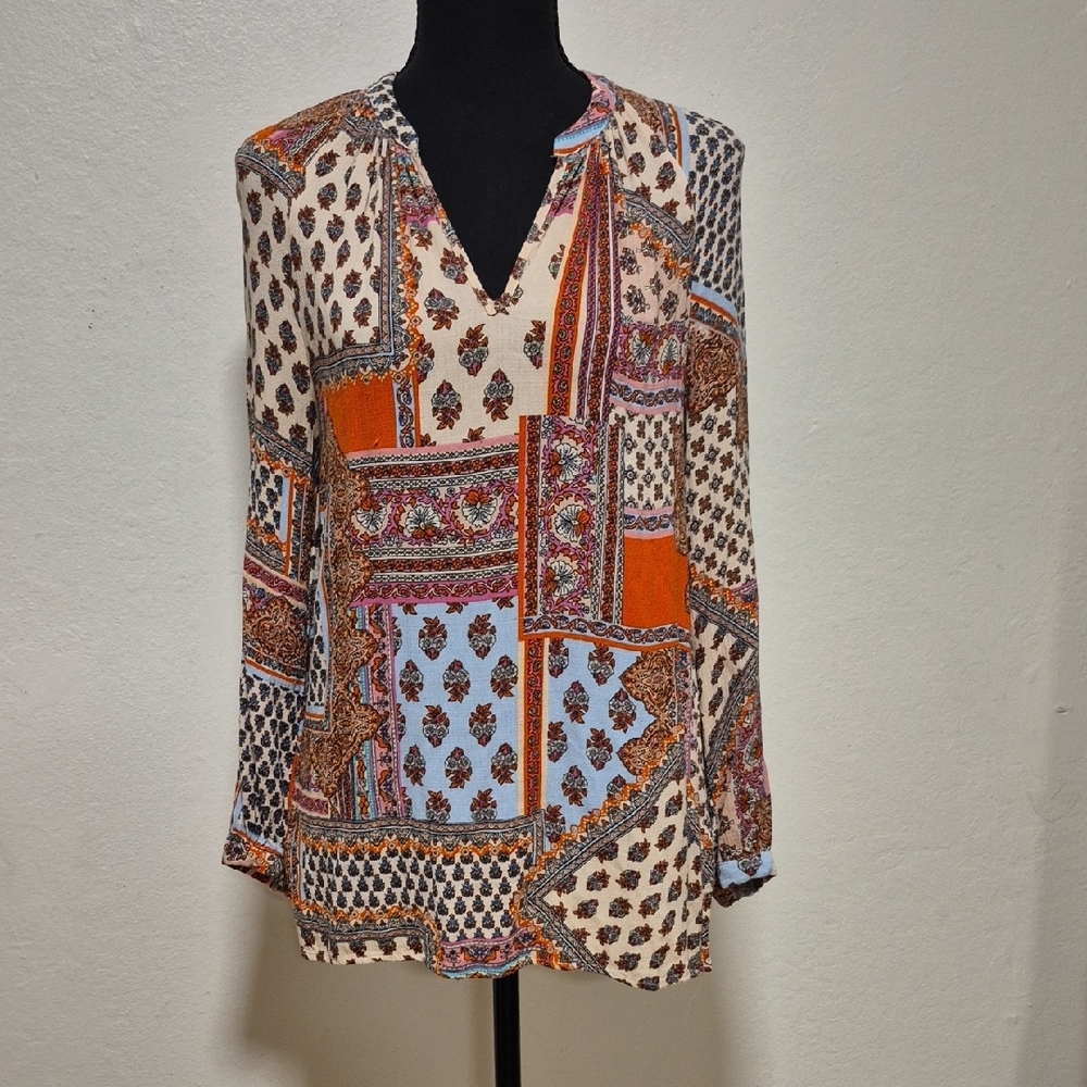 Christian Siriano Peasant Top Patchwork Paisley V Neck Sz S